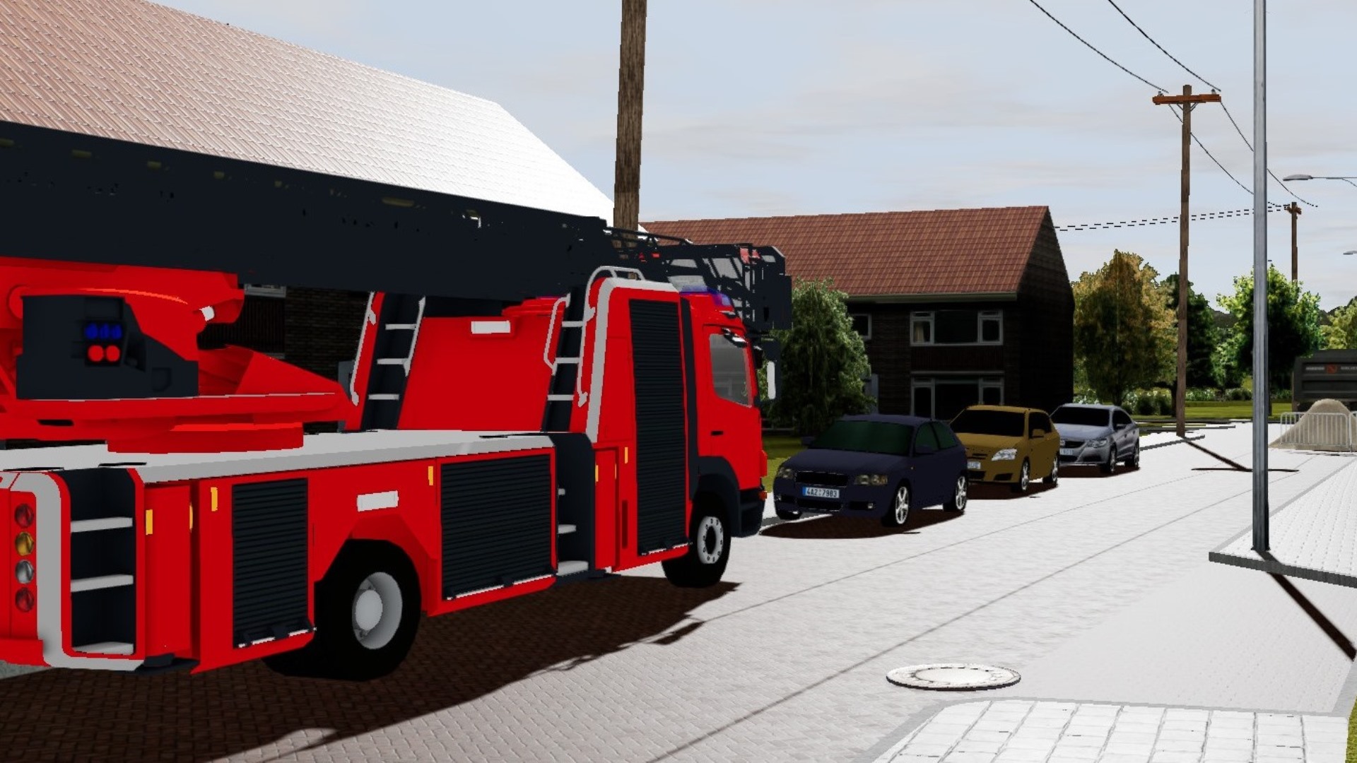 An Aerial Ladder Truck positioned by a trainee in the street filled with dangerous obstructions placed by instructors.