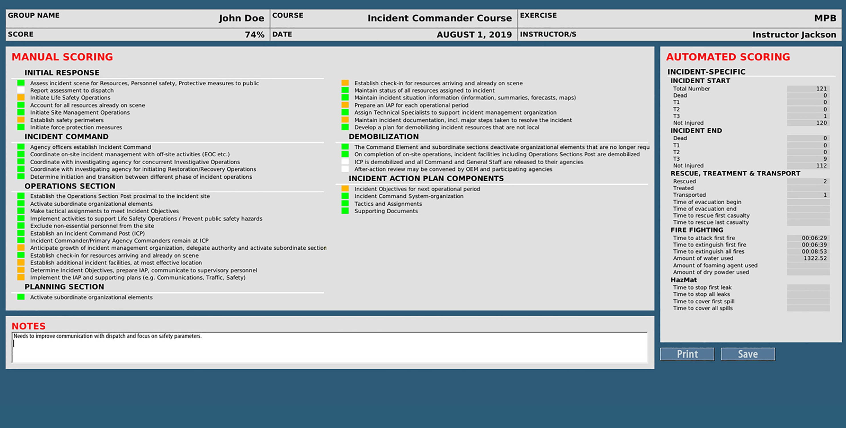 Scoring form inside the simulator, with manual and automated scoring to be edited by the training staff.