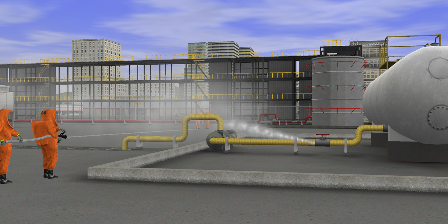 Two firefighters in HAZMAT suits cooling down an overheated container to reduce the spread of chemicals in the simulator.