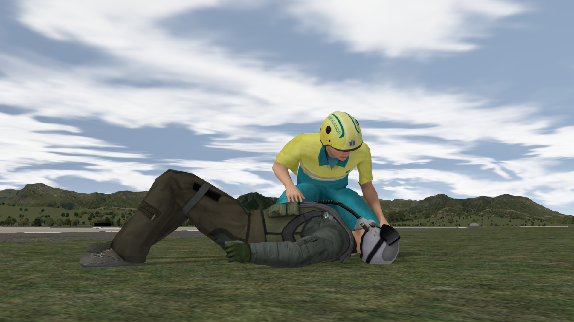 Paramedic treating a pilot that used his ejection seat during flight.